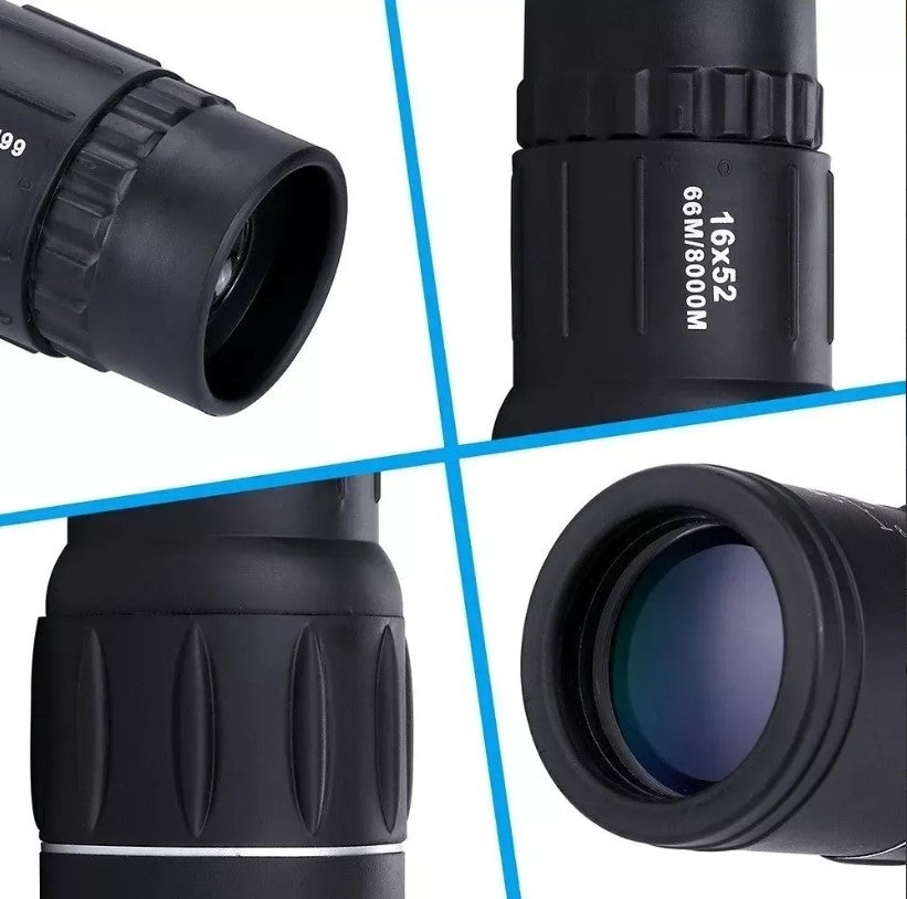 Detalles del telescopio monocular 16x52: ocular, anillo de enfoque y lente objetivo
