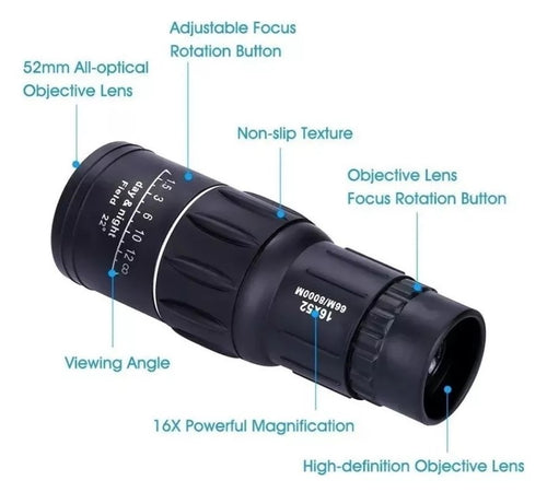 Telescopio monocular 16x52 con sus partes: lente objetivo de 52 mm, anillo de enfoque y ocular