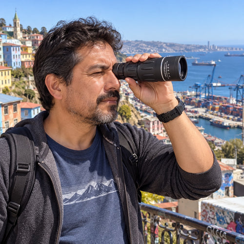 Hombre mirando el puerto de Valparaíso con el telescopio monocular 16x52