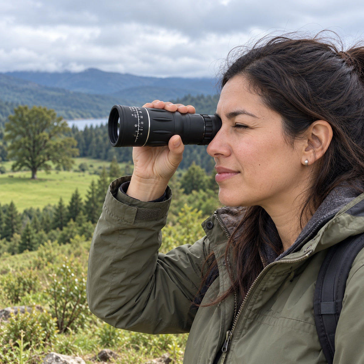 Mujer en el campo del sur usando el telescopio monocular